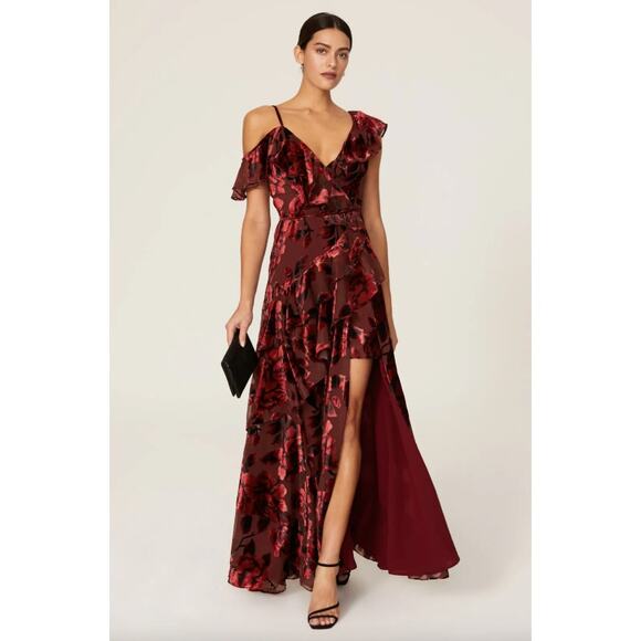Hutch x RTR Red Velvet Floral Burnout Ruffle Gown Size Medium * - Picture 1 of 9